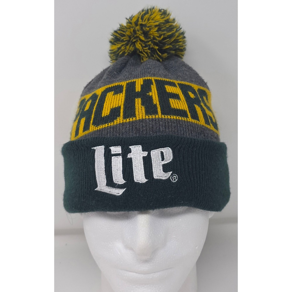 Green Bay Packers Miller Lite Knit Beanie‎ Hat Pom Pom NFL Football Green Yellow